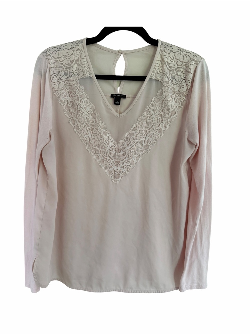 Ann Taylor Blush Pink Lace Trim V-Neck Long Sleeve Blouse Medium